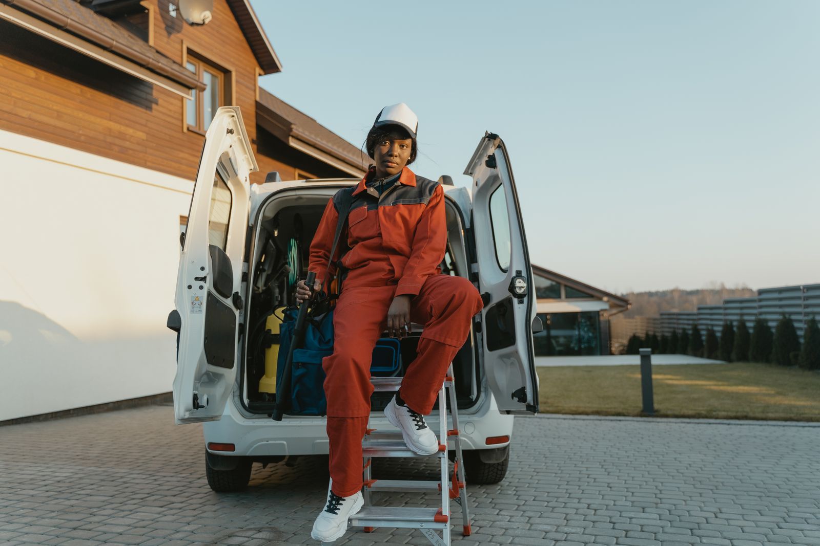 A technician in orange coveralls sitting at the open back door of a white service van